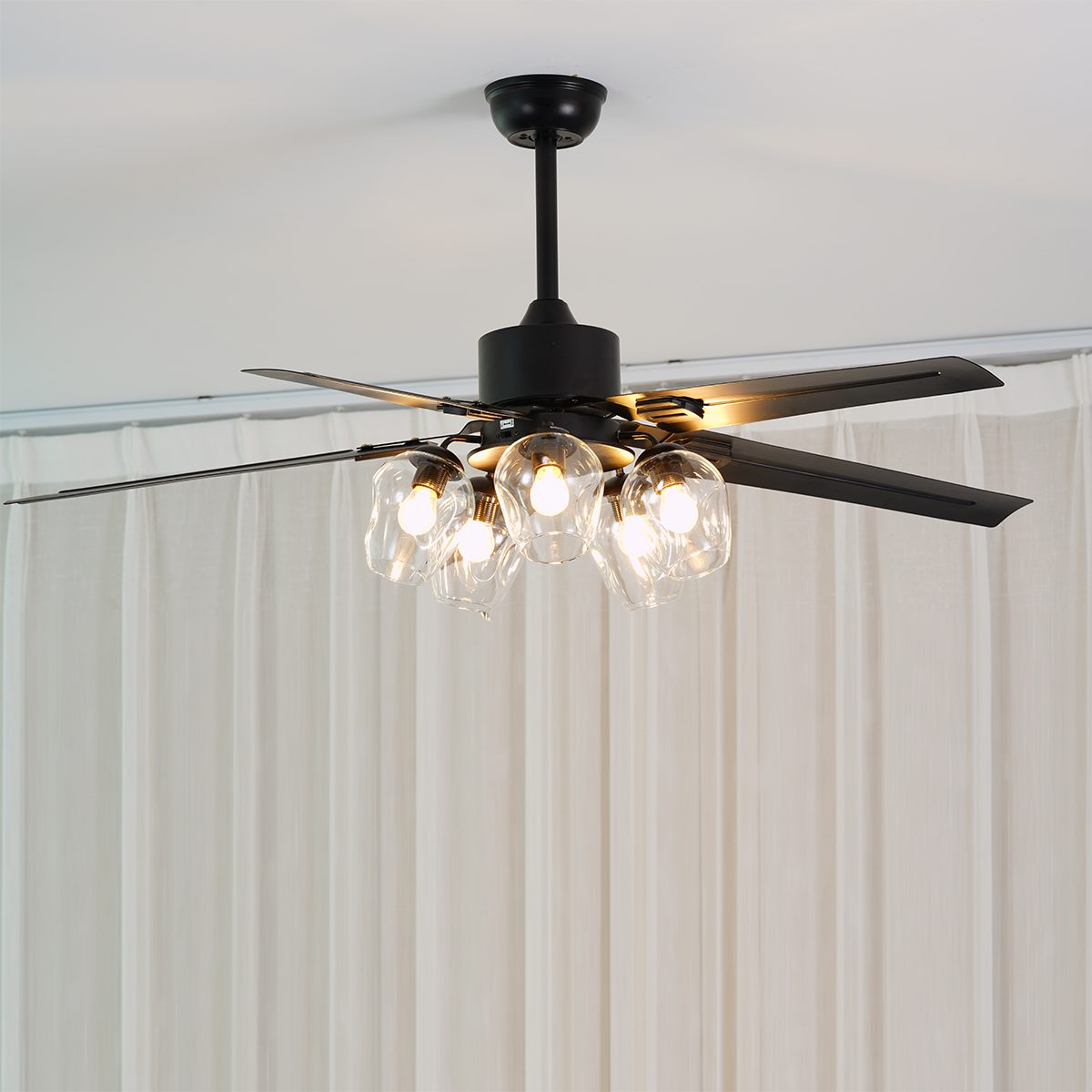 Modern Glass Ceiling Fan | Black Metal Frame With Clear Shades