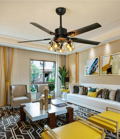 Modern Glass Ceiling Fan | Black Metal Frame With Clear Shades