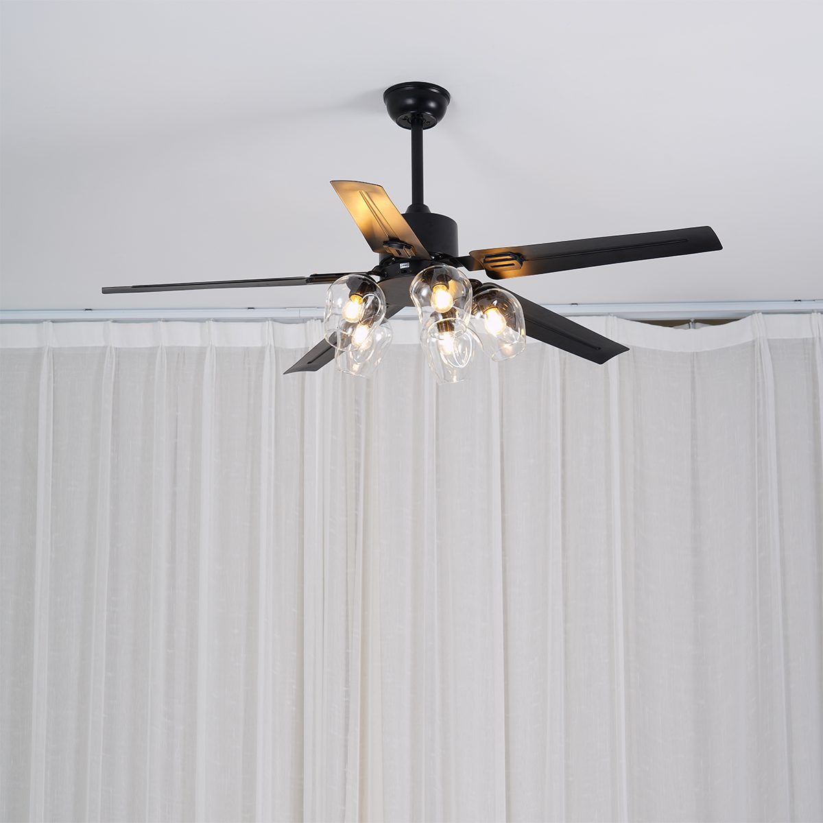 Modern Glass Ceiling Fan | Black Metal Frame With Clear Shades