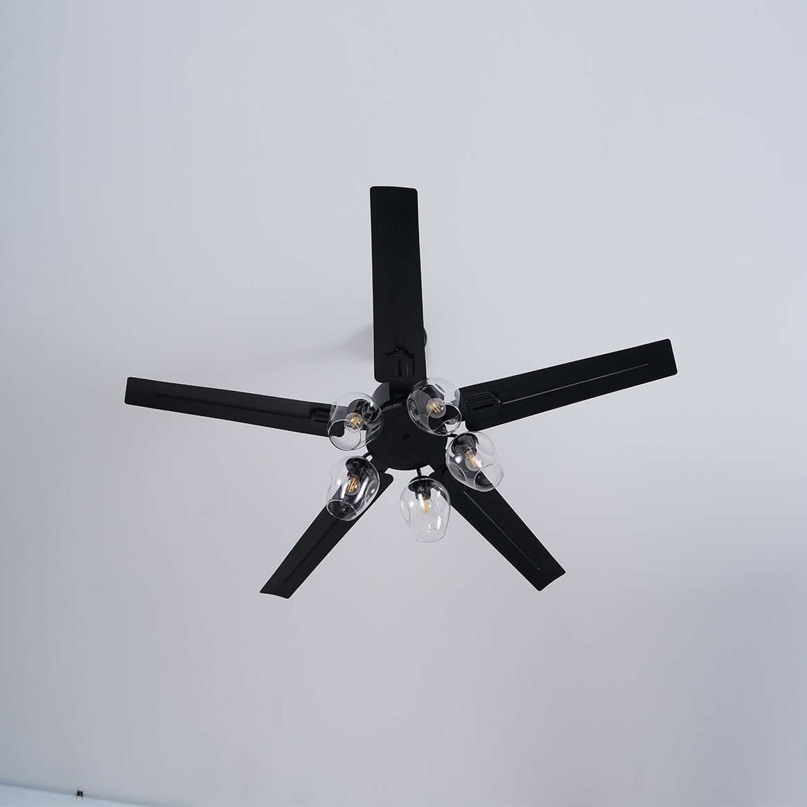 Modern Glass Ceiling Fan | Black Metal Frame With Clear Shades
