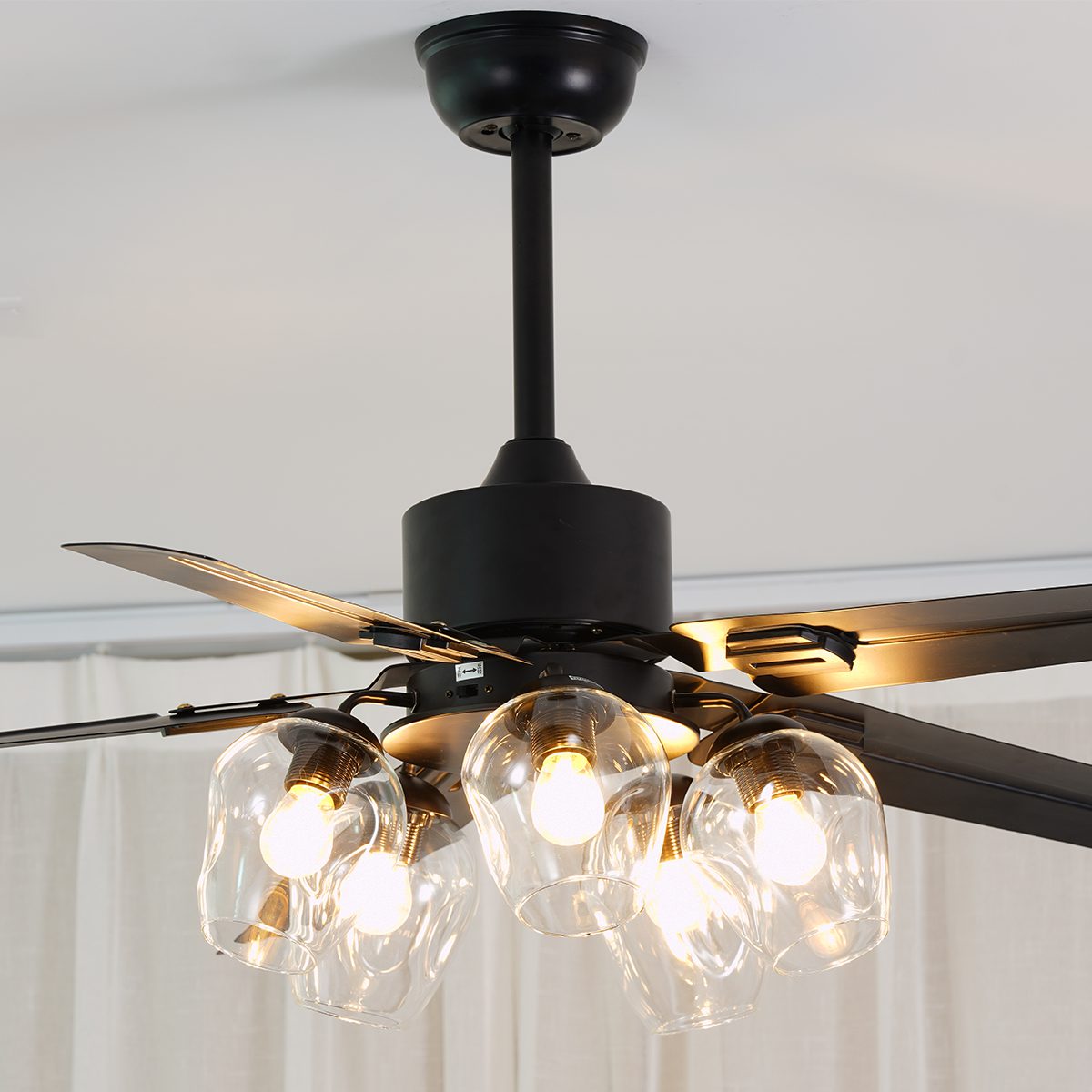 Modern Glass Ceiling Fan | Black Metal Frame With Clear Shades