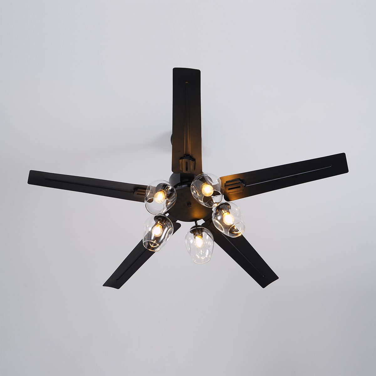 Modern Glass Ceiling Fan | Black Metal Frame With Clear Shades