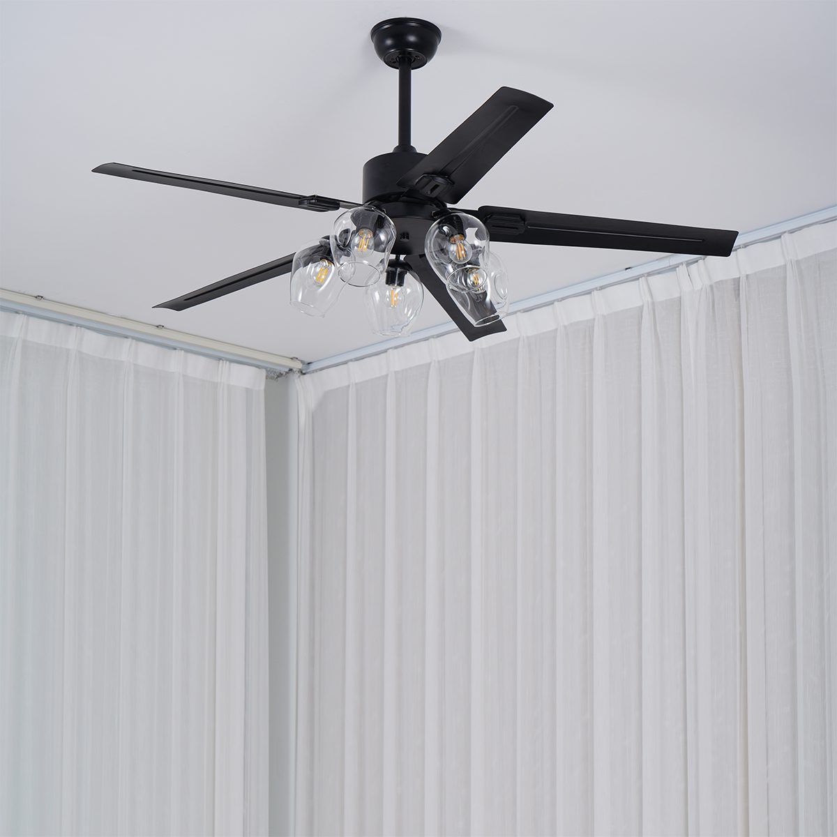 Modern Glass Ceiling Fan | Black Metal Frame With Clear Shades