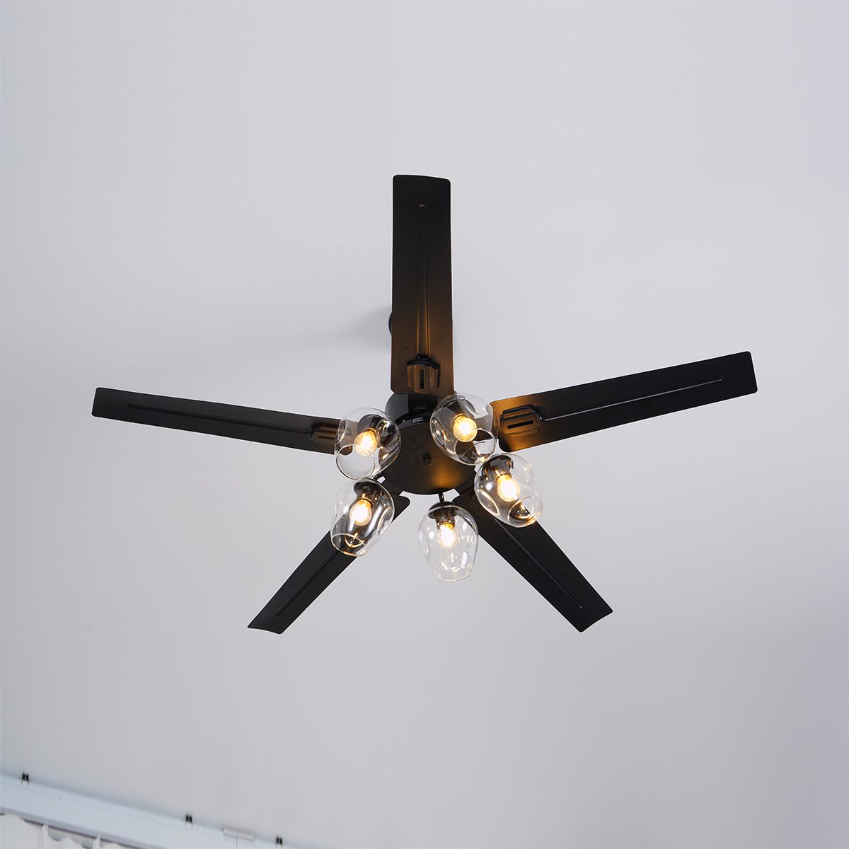 Modern Glass Ceiling Fan | Black Metal Frame With Clear Shades