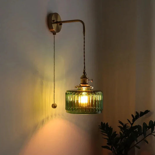 Vintage Green Glass Copper LED Wall Light for Home Decor