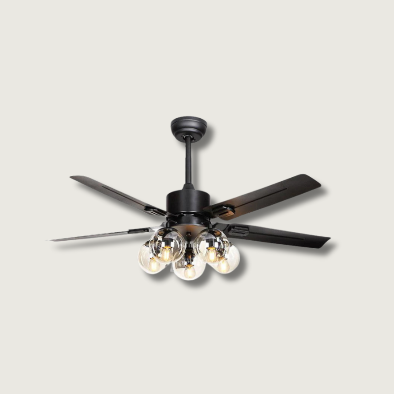 Modern Glass Ceiling Fan | Black Metal Frame With Clear Shades