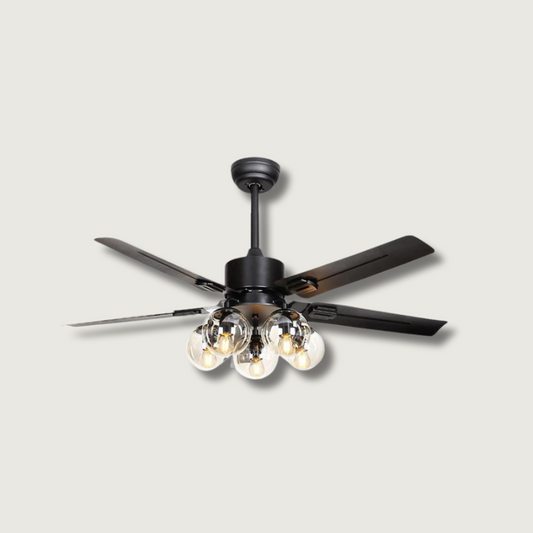 Modern Glass Ceiling Fan | Black Metal Frame With Clear Shades