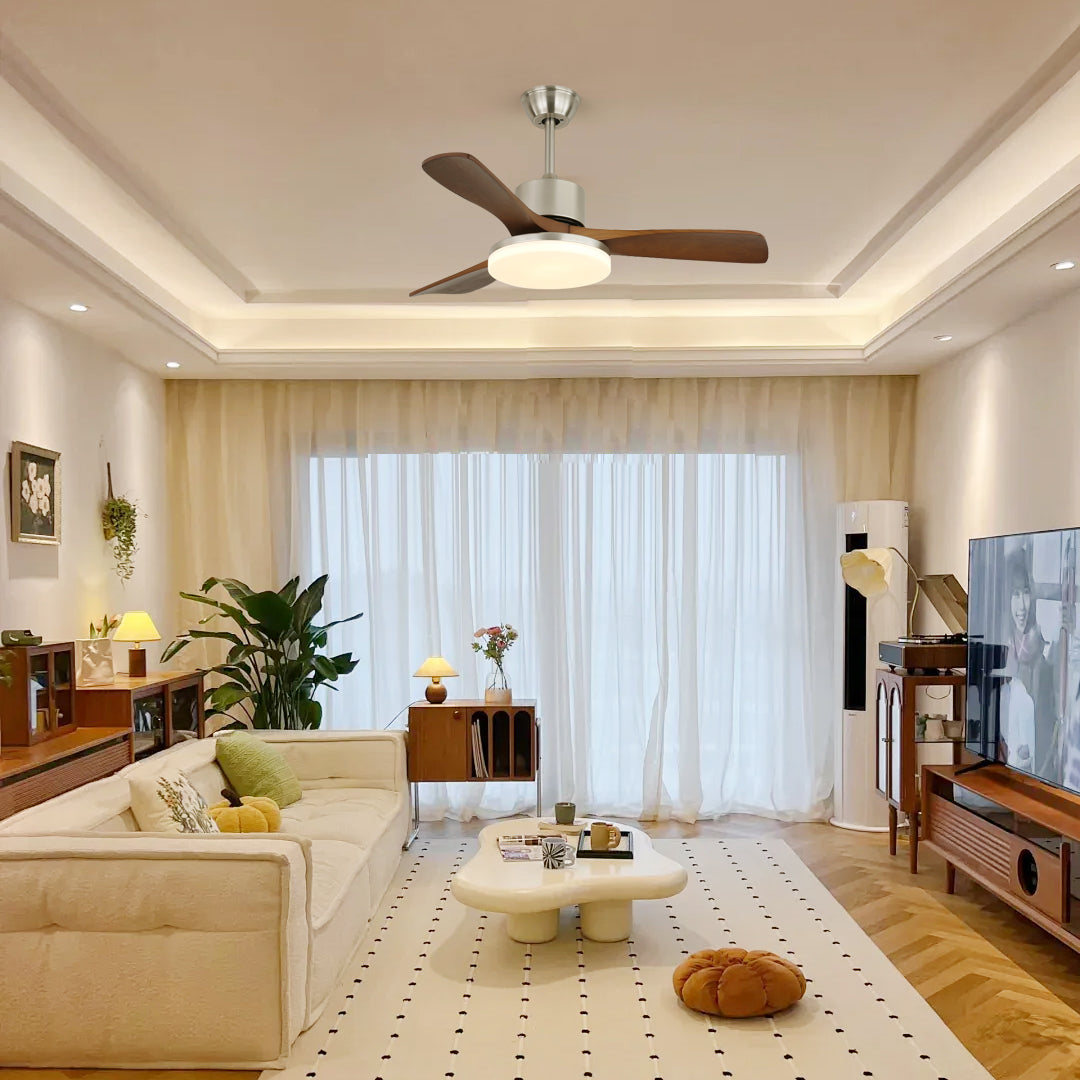 Modern Wooden Ceiling Fan | Brushed Nickel LED Light Kit