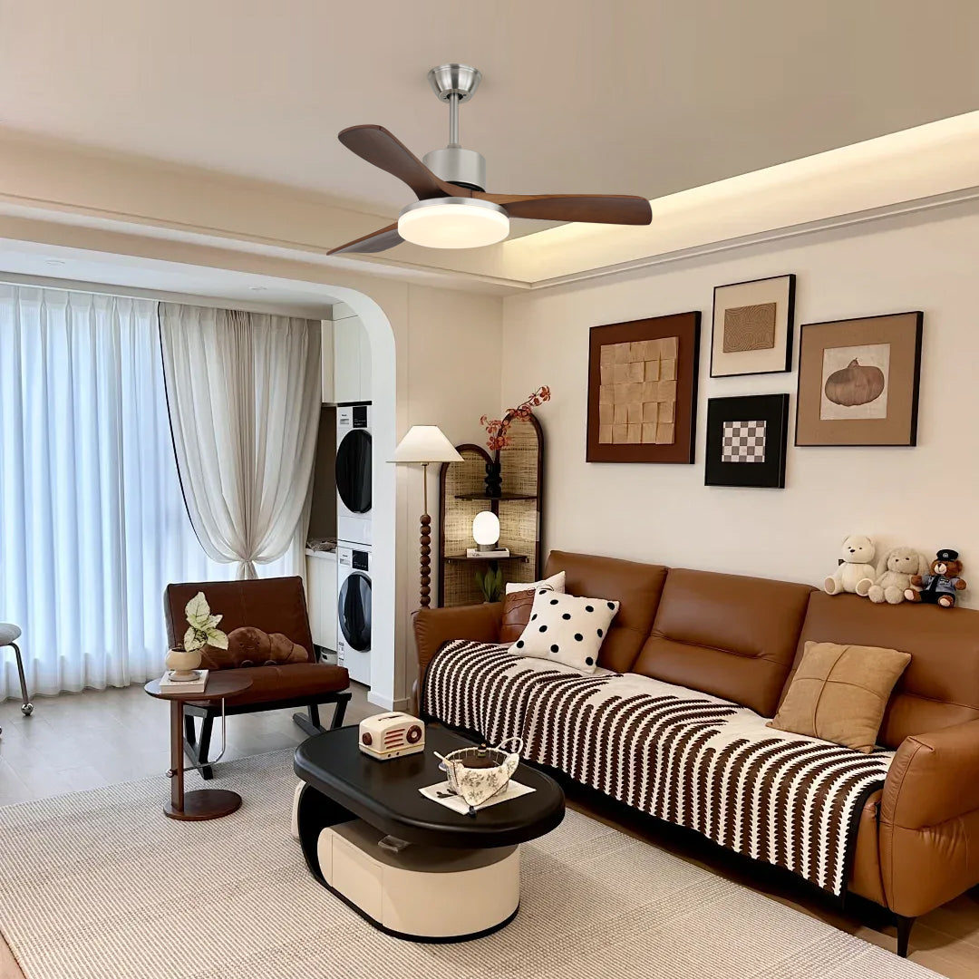 Modern Wooden Ceiling Fan | Brushed Nickel LED Light Kit
